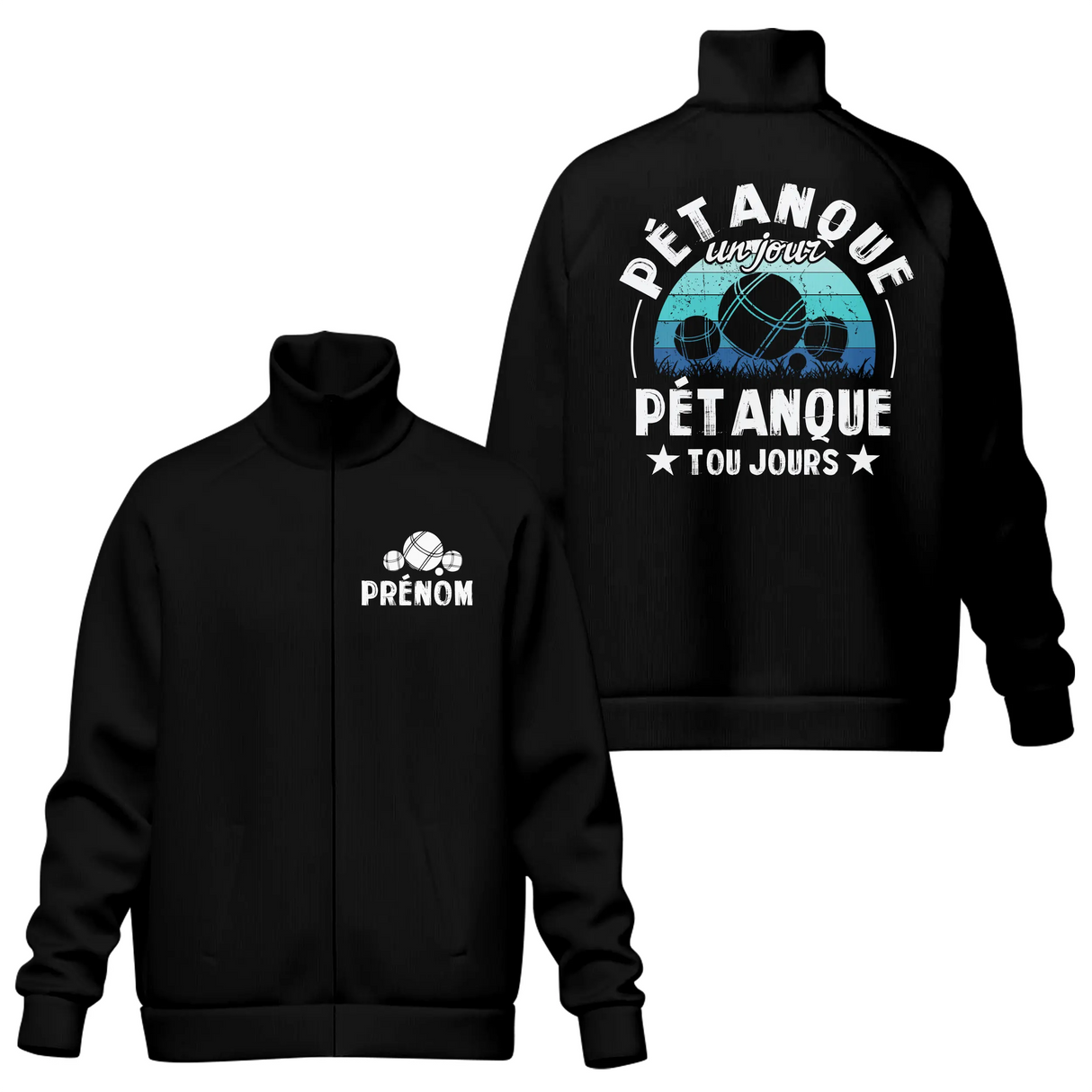 Veste col montant pétanque noire avec slogan Pétanque un jour toujours typographie blanche