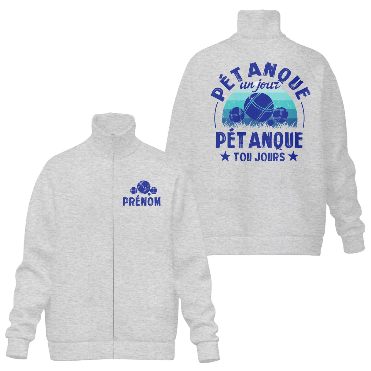 Veste col montant pétanque grise avec slogan Pétanque un jour toujours boules stylisées