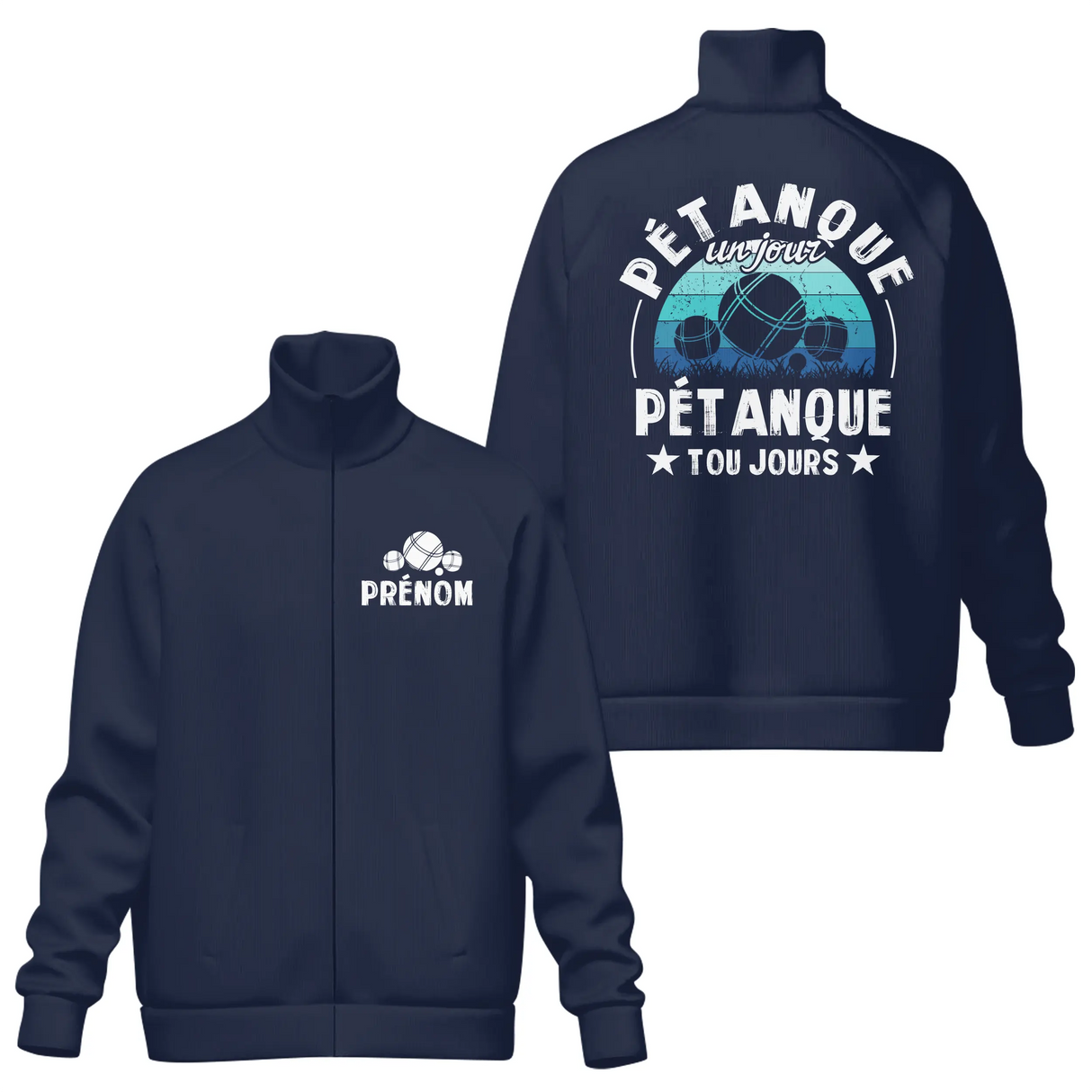 Veste col montant pétanque marine avec slogan Pétanque un jour toujours boules et étoiles