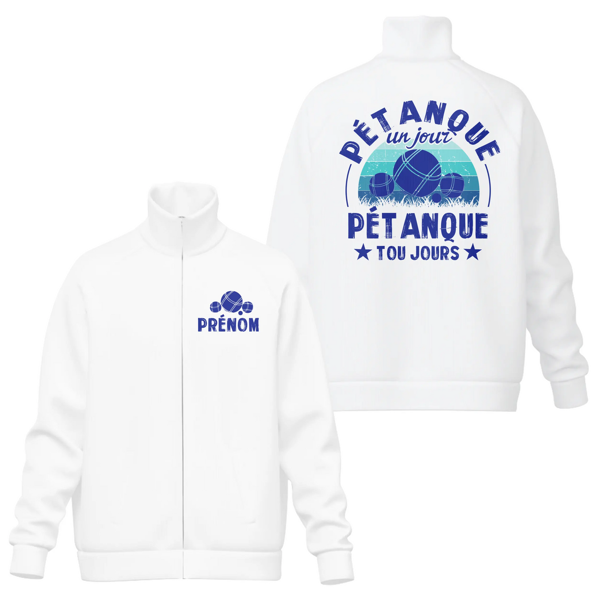 Veste col montant pétanque blanche avec slogan Pétanque un jour toujours typographie noire