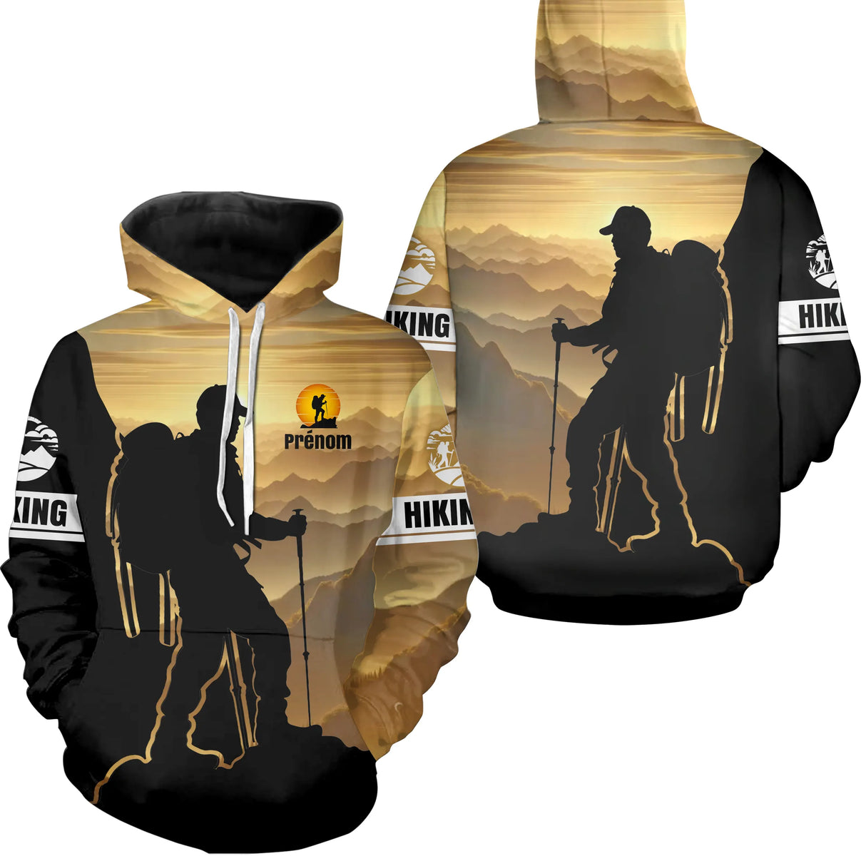 Sweat à capuche randonnée Hiking noir jaune avec randonneur silhouette et soleil doré