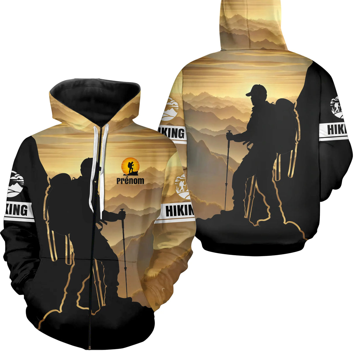 Sweat à capuche zippé randonnée Hiking design montagnes coucher soleil et prénom au torse