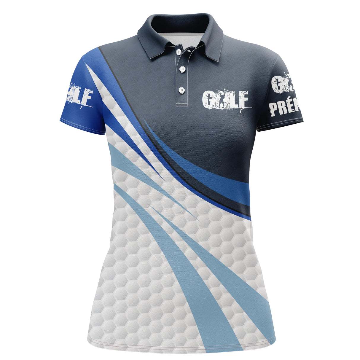 Polo golf bleu marine et blanc femme avec GOLF, balle blanche et swing dynamique, prénom personnalisé