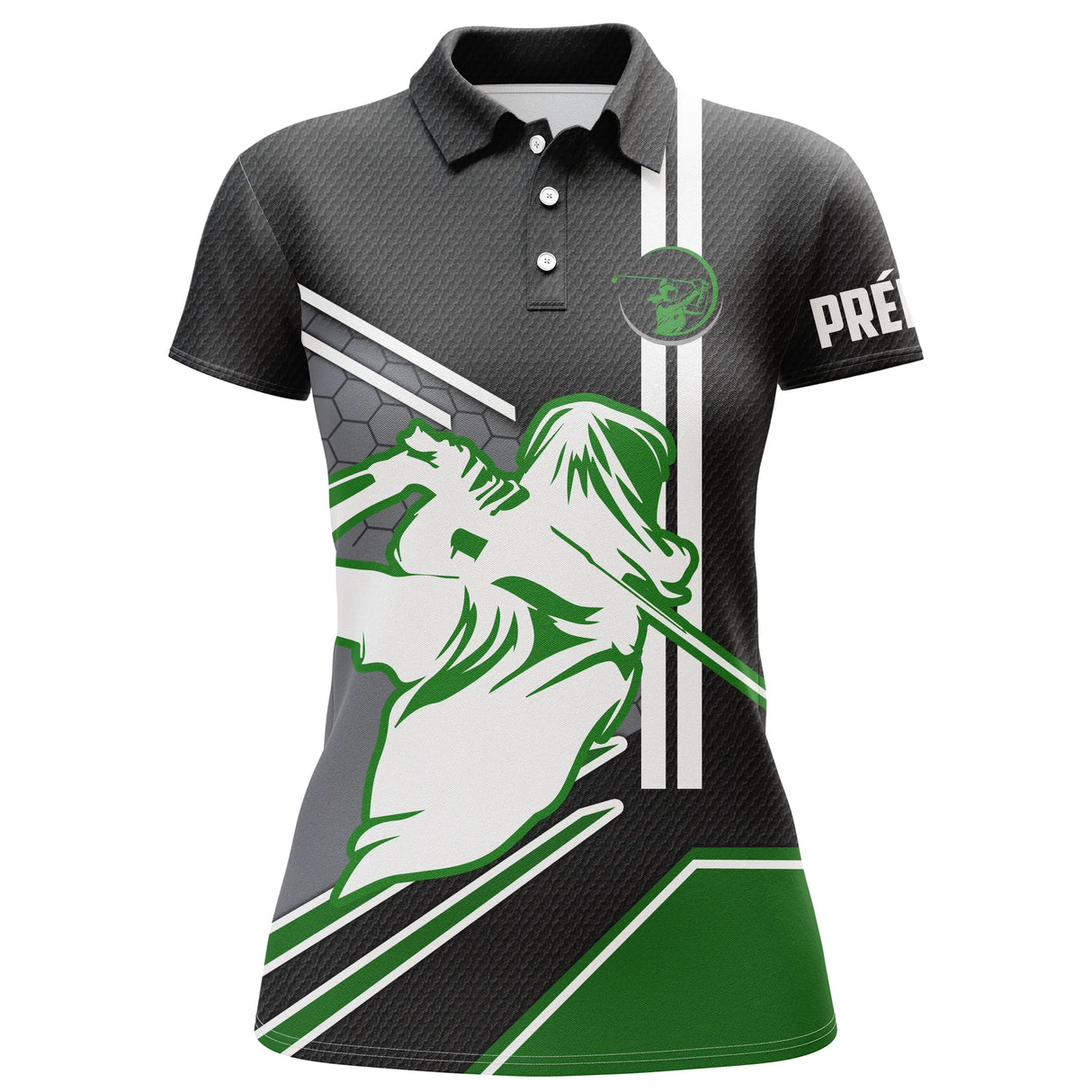 Polo golf noir et vert femme avec figure de golfeuse en swing et lignes vertes, prénom personnalisé