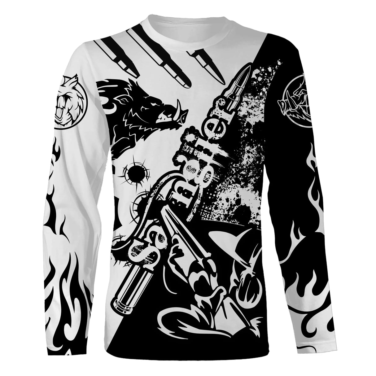 T-shirt chasse sanglier Hunter vue de face design bicolore noir blanc, motif tête sanglier, coupe unisexe disponibles