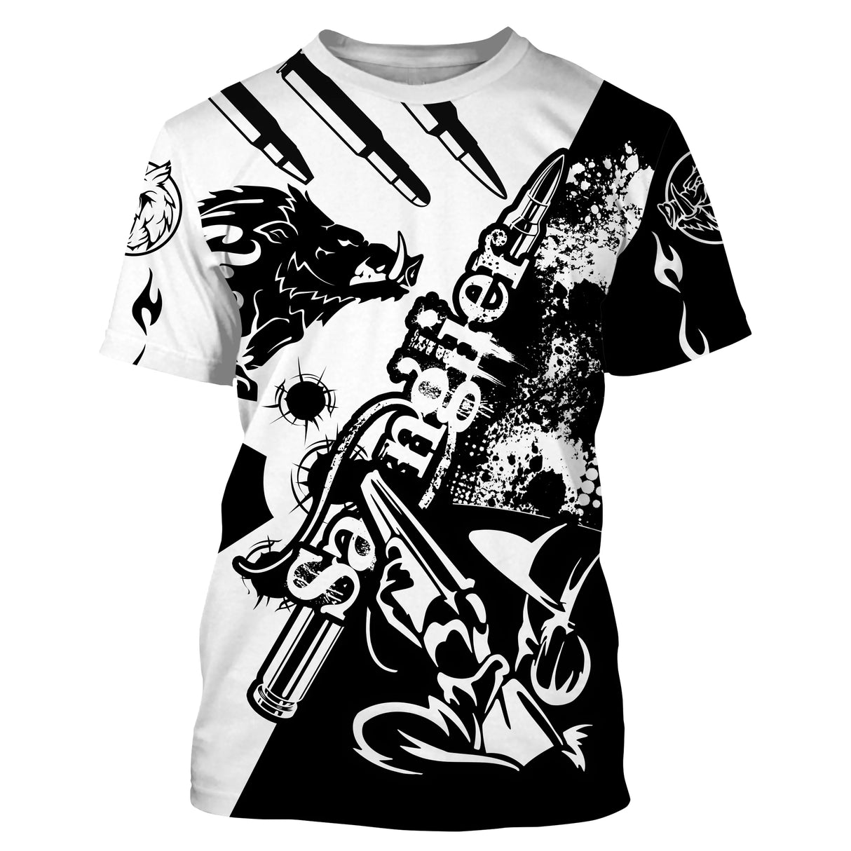 T-shirt chasse sanglier Boar Hunter bicolore noir et blanc avec tête de sanglier en arabesques et lettrage Hunter cursive