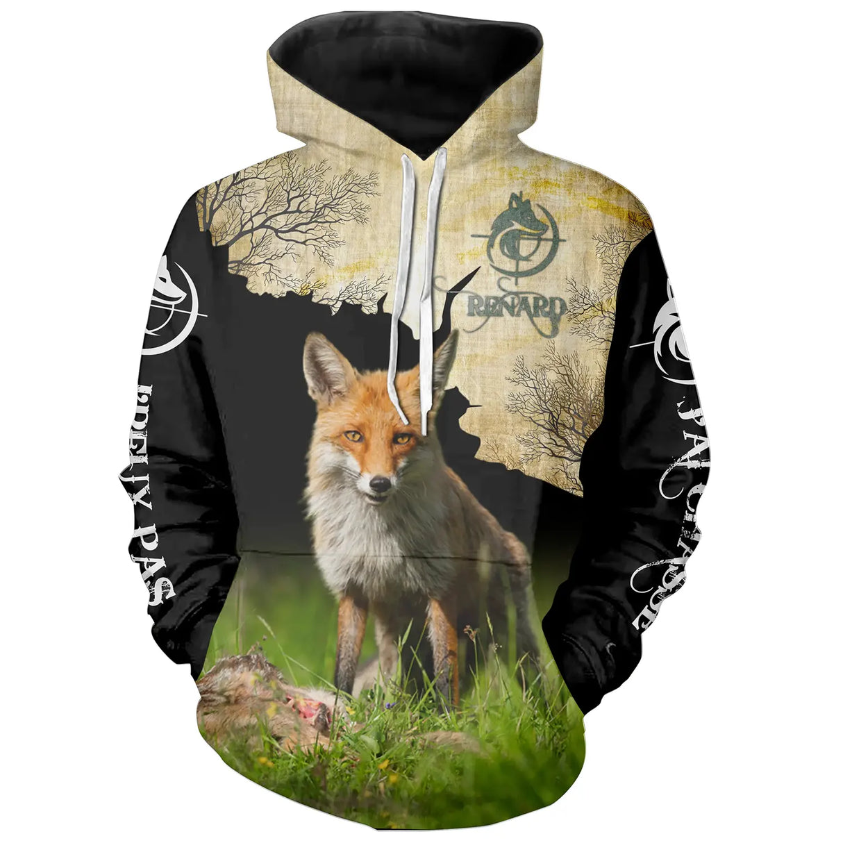 Sweat à capuche chasse renard camouflage forêt vert brun, motif renard roux pour chasseur petit gibier