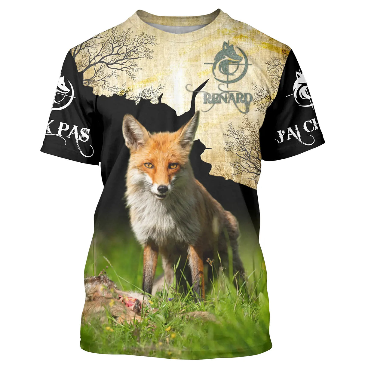 T-shirt chasse renard camouflage forêt avec renard roux assis et lettrage J'peux pas j'ai chasse, design all-over