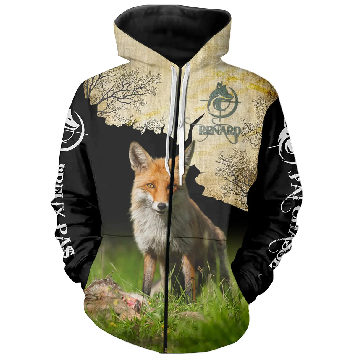 Sweat zippé chasse renard camouflage forêt, tenue cynégétique humoristique pour battue petit gibier