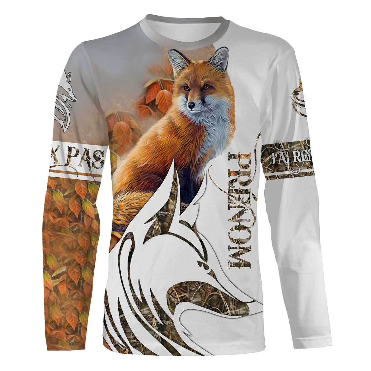 T-shirt manches longues chasse renard beige design all-over, coupe unisexe personnalisable