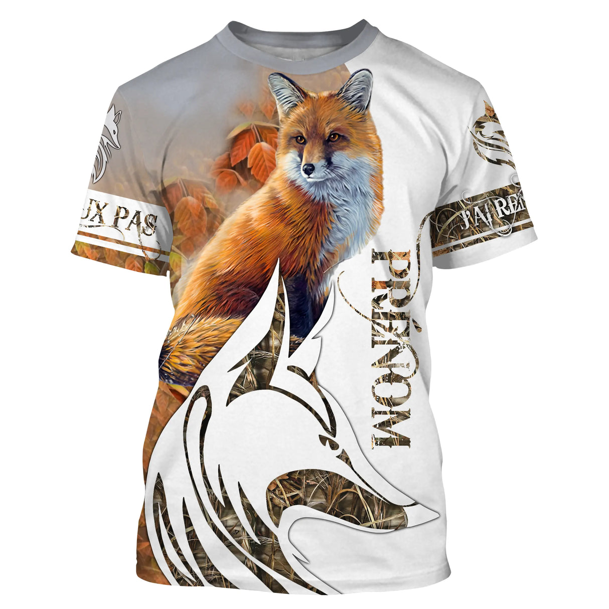 T-shirt chasse renard personnalisé beige orange avec renard roux assis et arbre stylisé, prénom imprimé central