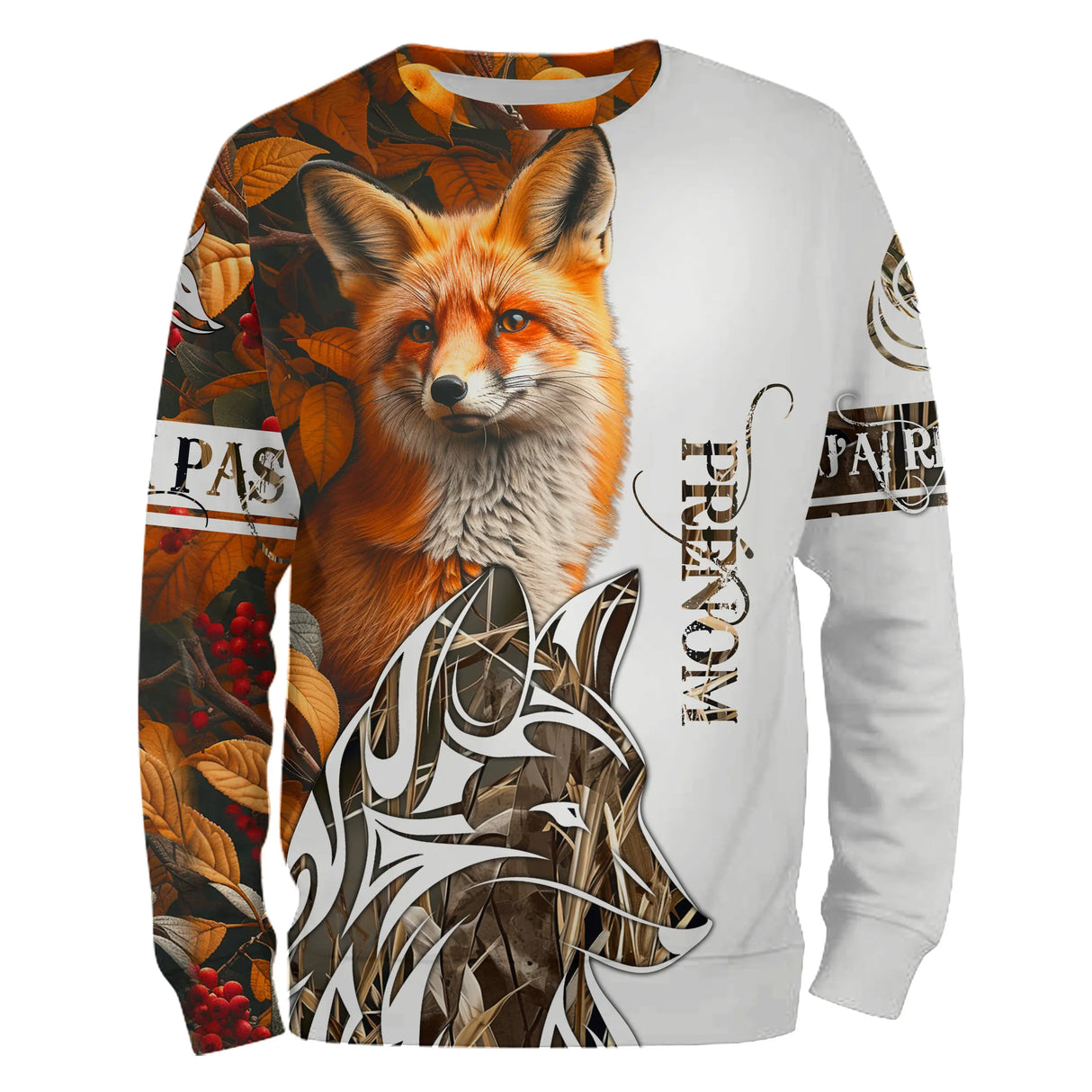Sweat à capuche chasse renard camouflage orange brûlé, marquage prénom pour chasseur