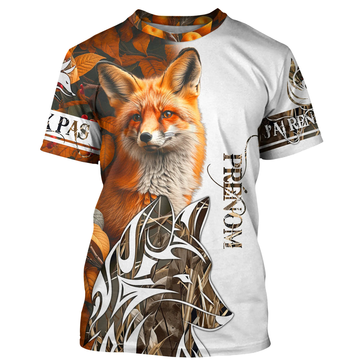 T-shirt chasse renard personnalisé camouflage orange avec renard roux et tête graphique, prénom imprimé central