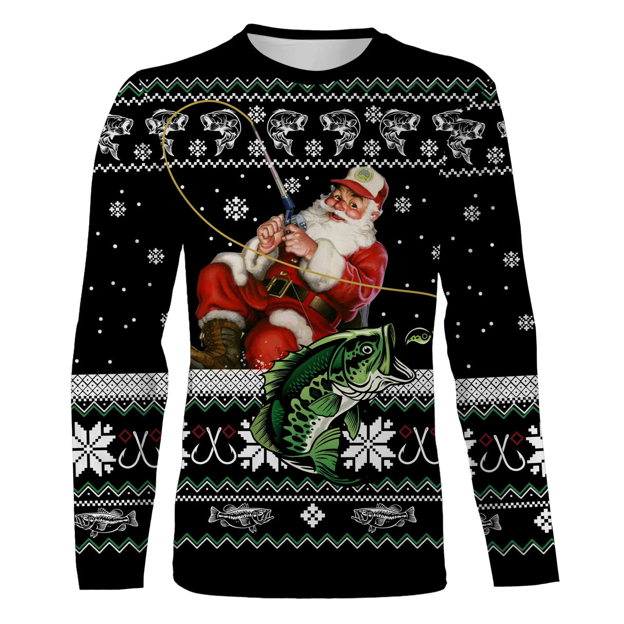 Sweater Noël Père Noël pêche jacquard noir rouge, coupe unisexe humour halieutique pour famille
