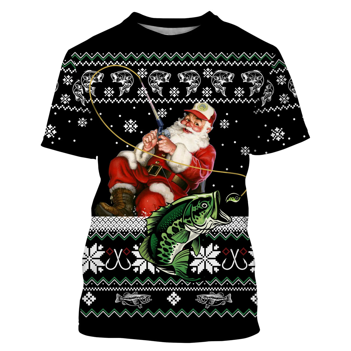 Pull Noël noir avec Père Noël pêcheur sur boîte cadeau et gros poisson au crochet, motifs jacquard cannes à pêche