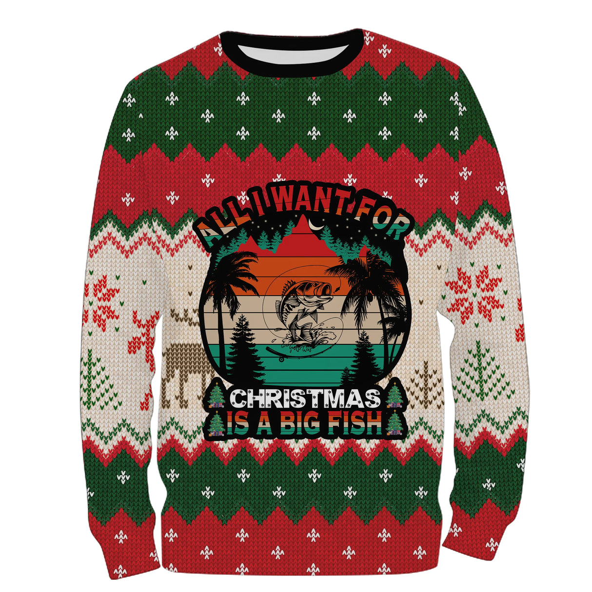 Sweat à capuche Noël All I Want Big Fish, design ugly christmas sweater pour passionné halieutique