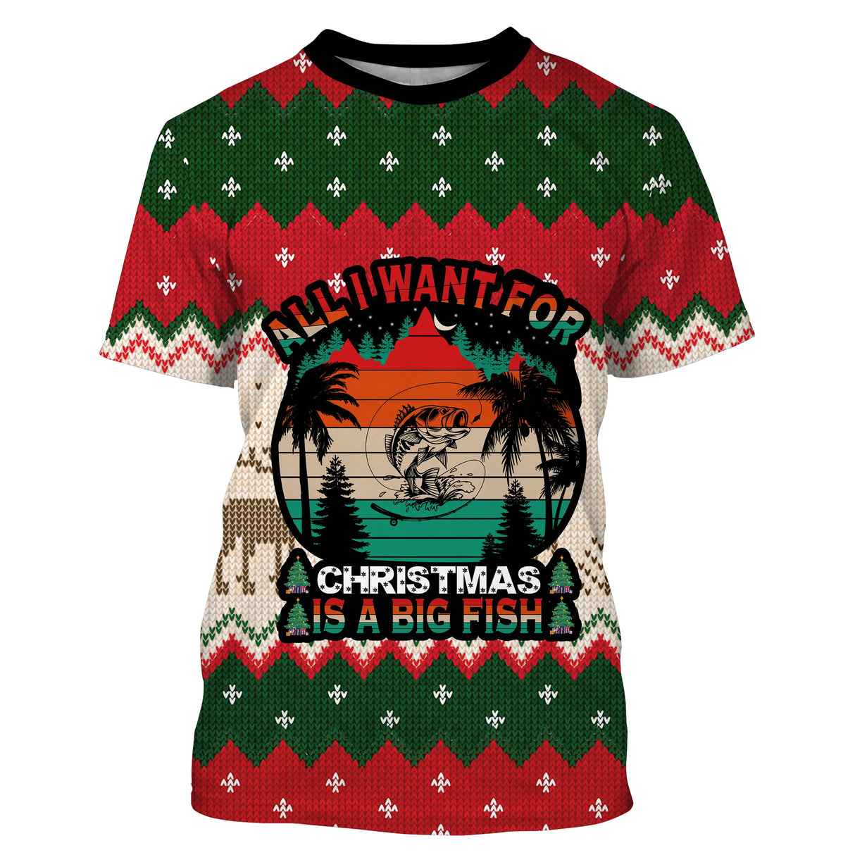 Pull Noël vert rouge avec médaillon poisson et lettrage All I Want For Christmas Is A Big Fish, motifs jacquard