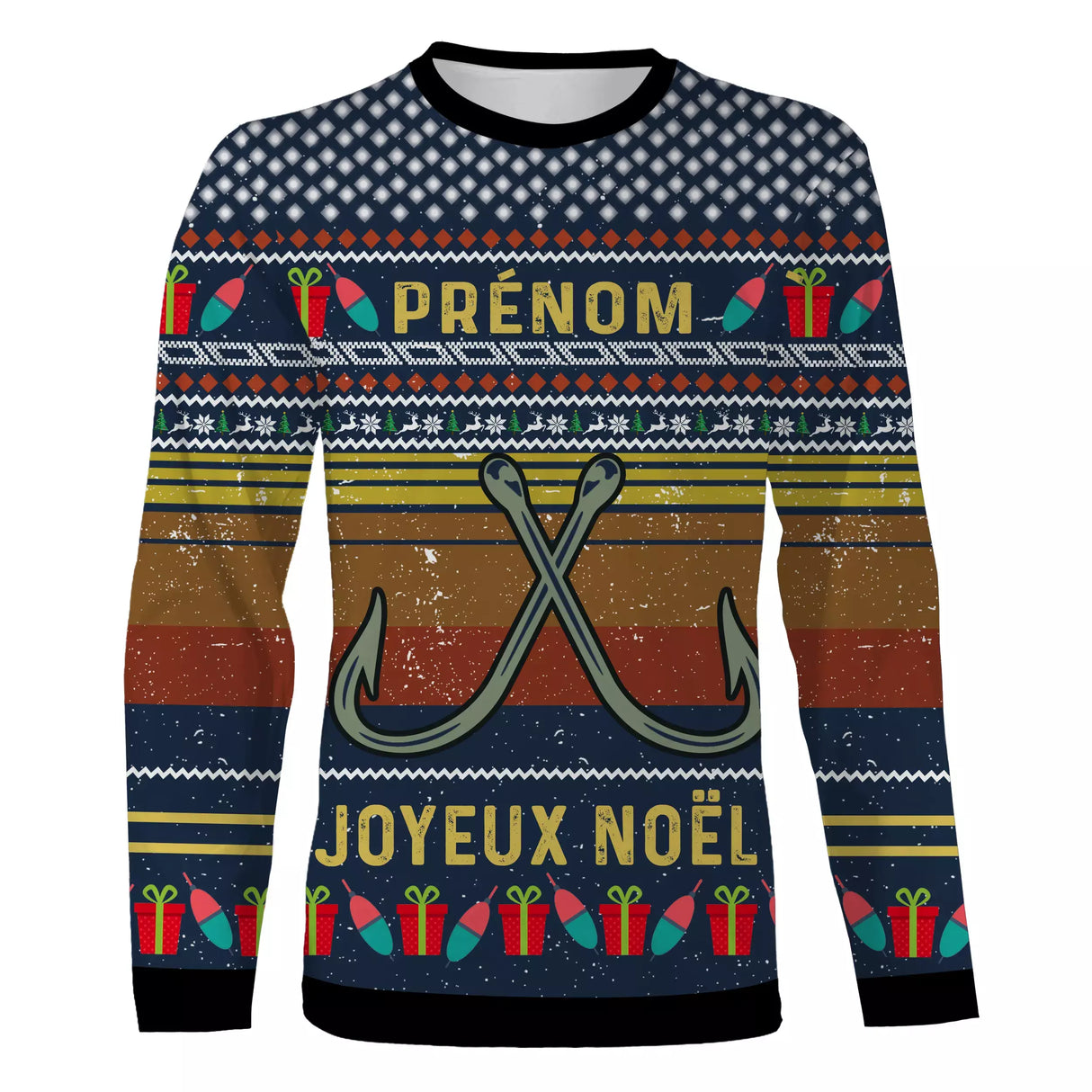 Sweater Noël personnalisé pêcheur jacquard bleu, coupe unisexe avec prénom imprimé pour famille halieutique