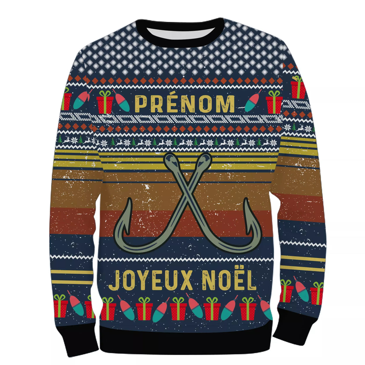 Sweat à capuche Noël crochets pêche bleu marine, marquage prénom pour passionné halieutique festif