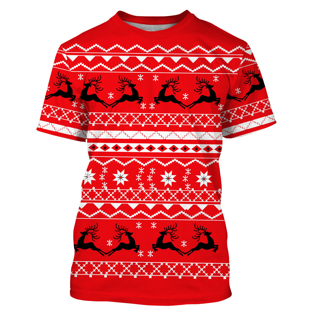 Pull Noël rouge cerf jacquard scandinave avec silhouettes cerfs bondissants alignés et flocons étoilés blancs