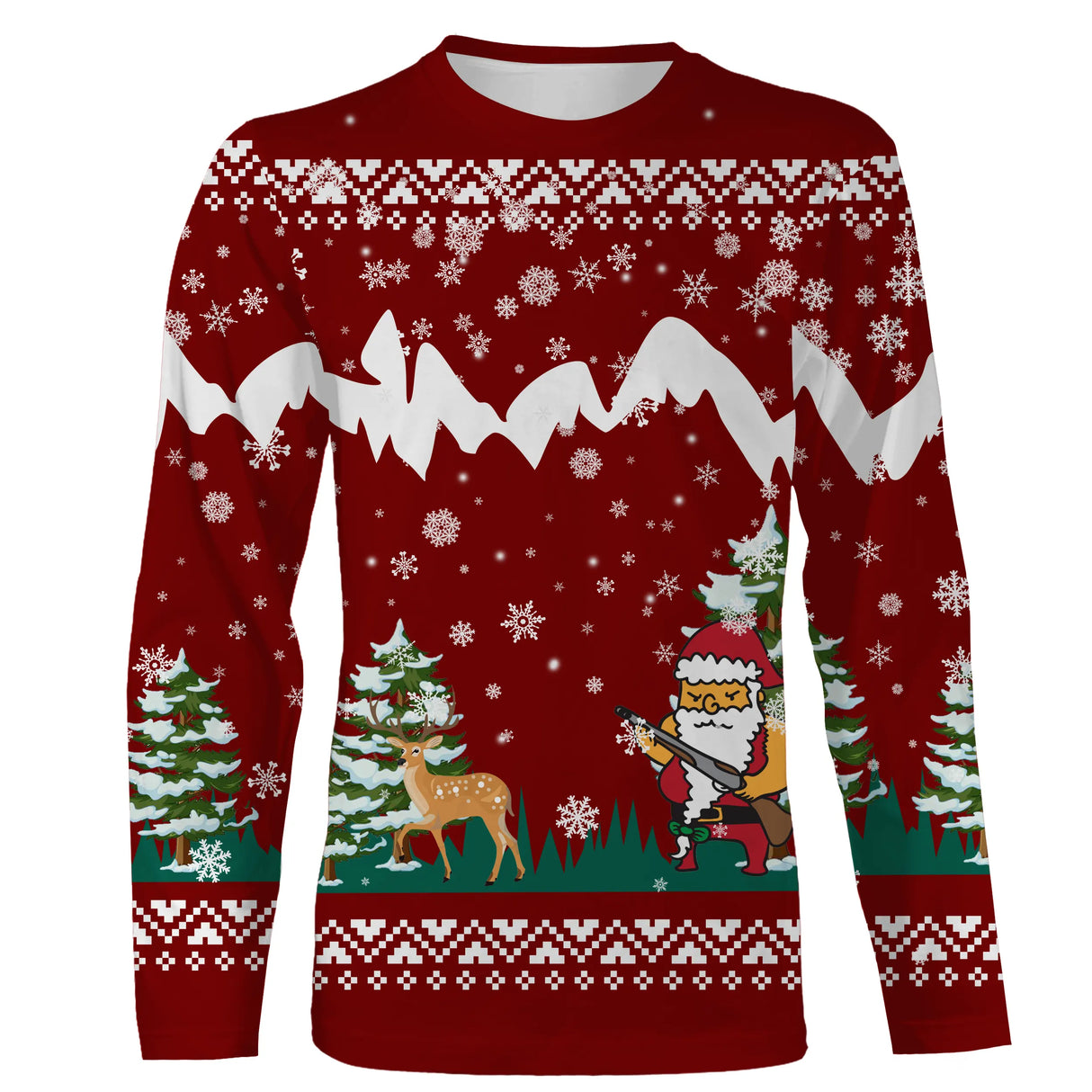 Sweater Noël Père Noël chasse cerf jacquard rouge, coupe unisexe humour pour chasseur grande faune