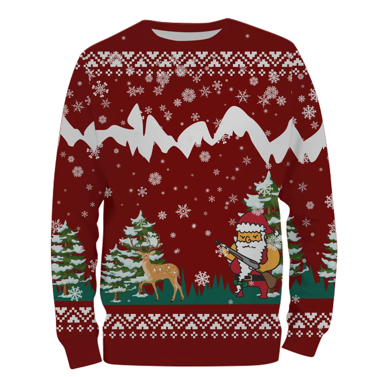 Sweat à capuche Noël scène Père Noël et cerf en montagne, design ugly christmas sweater chasseur