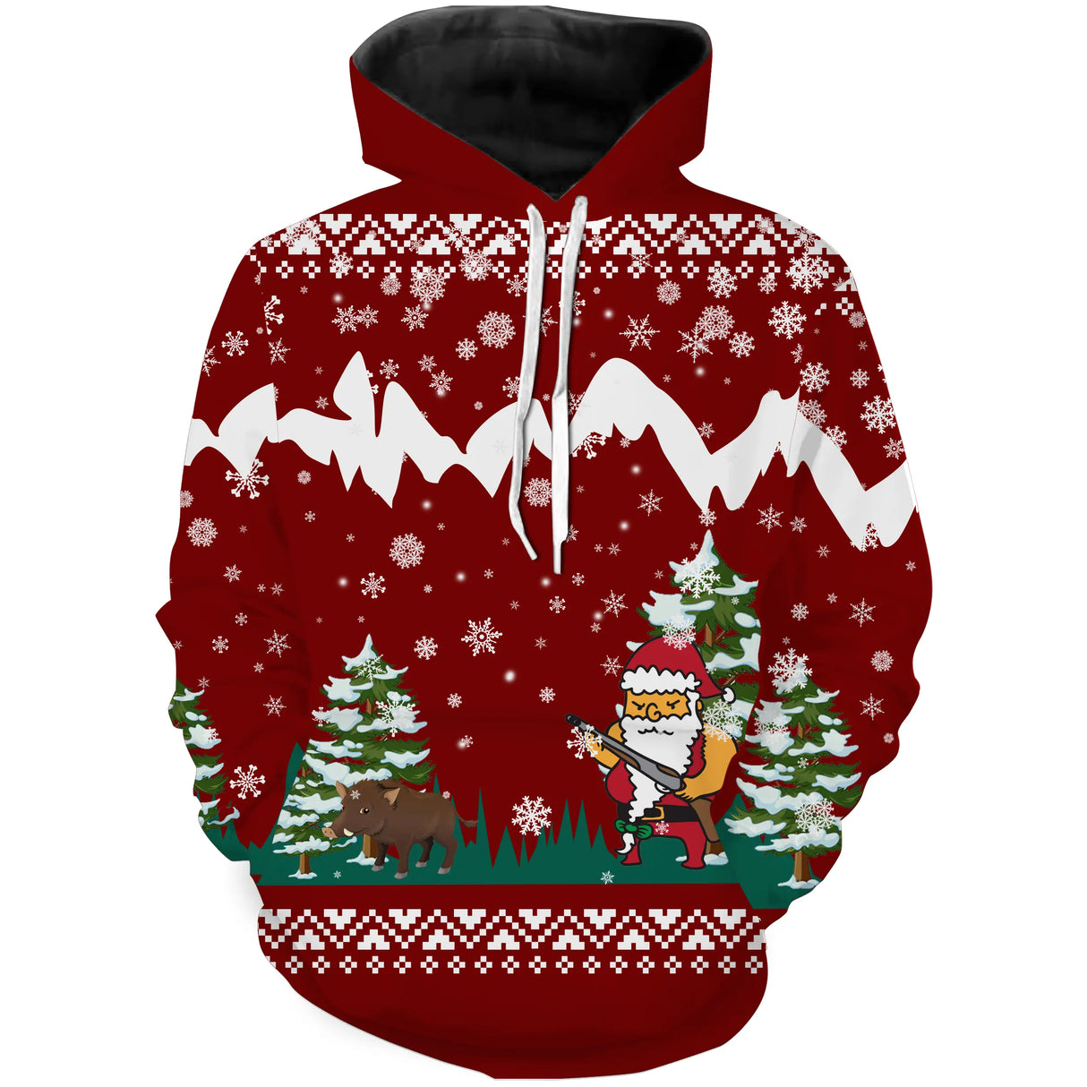Sweat zippé Noël rouge bordeaux Père Noël chasseur sanglier, tenue festive narrative pour réveillon