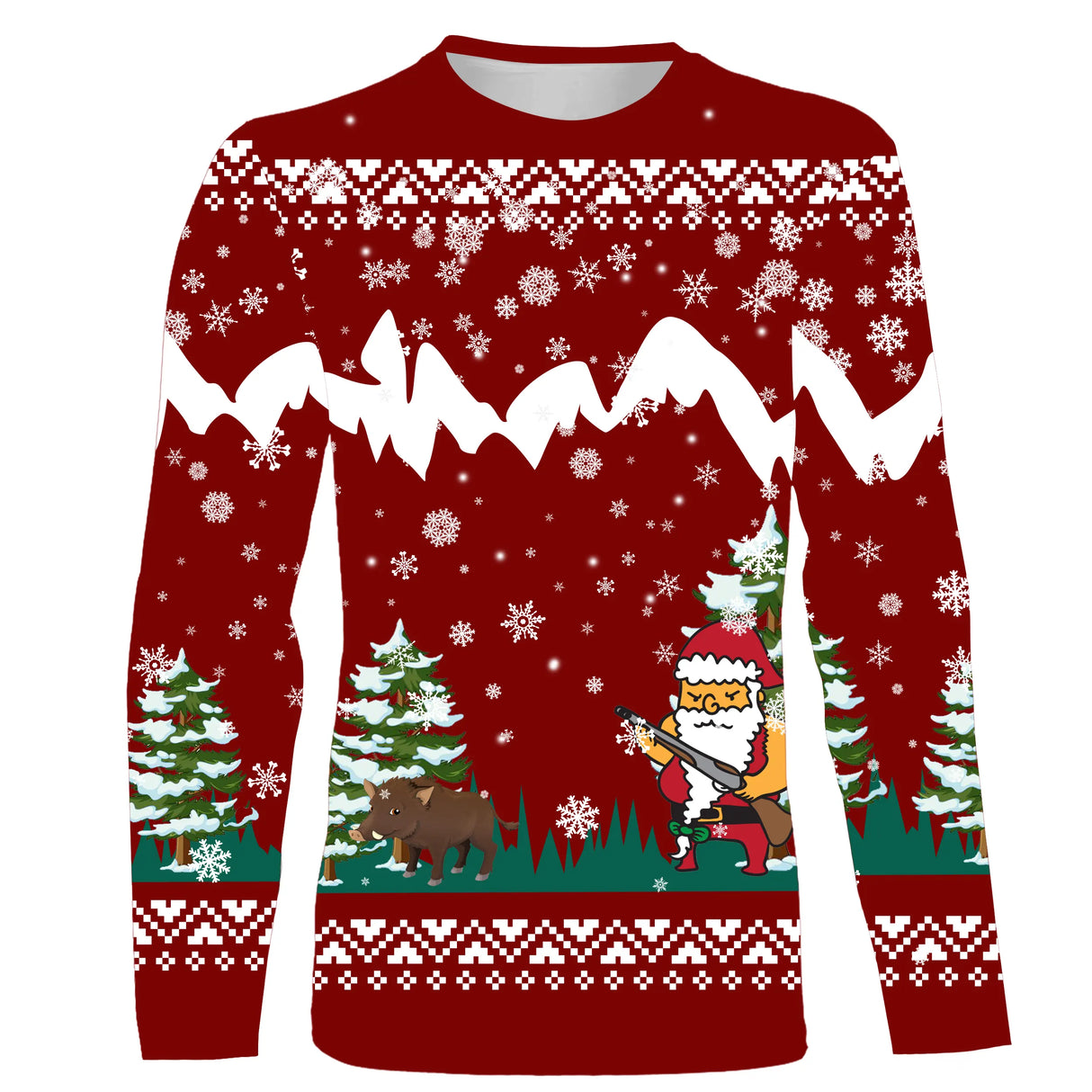 Sweater Noël Père Noël chasse sanglier jacquard rouge, coupe unisexe humour pour chasseur grand gibier