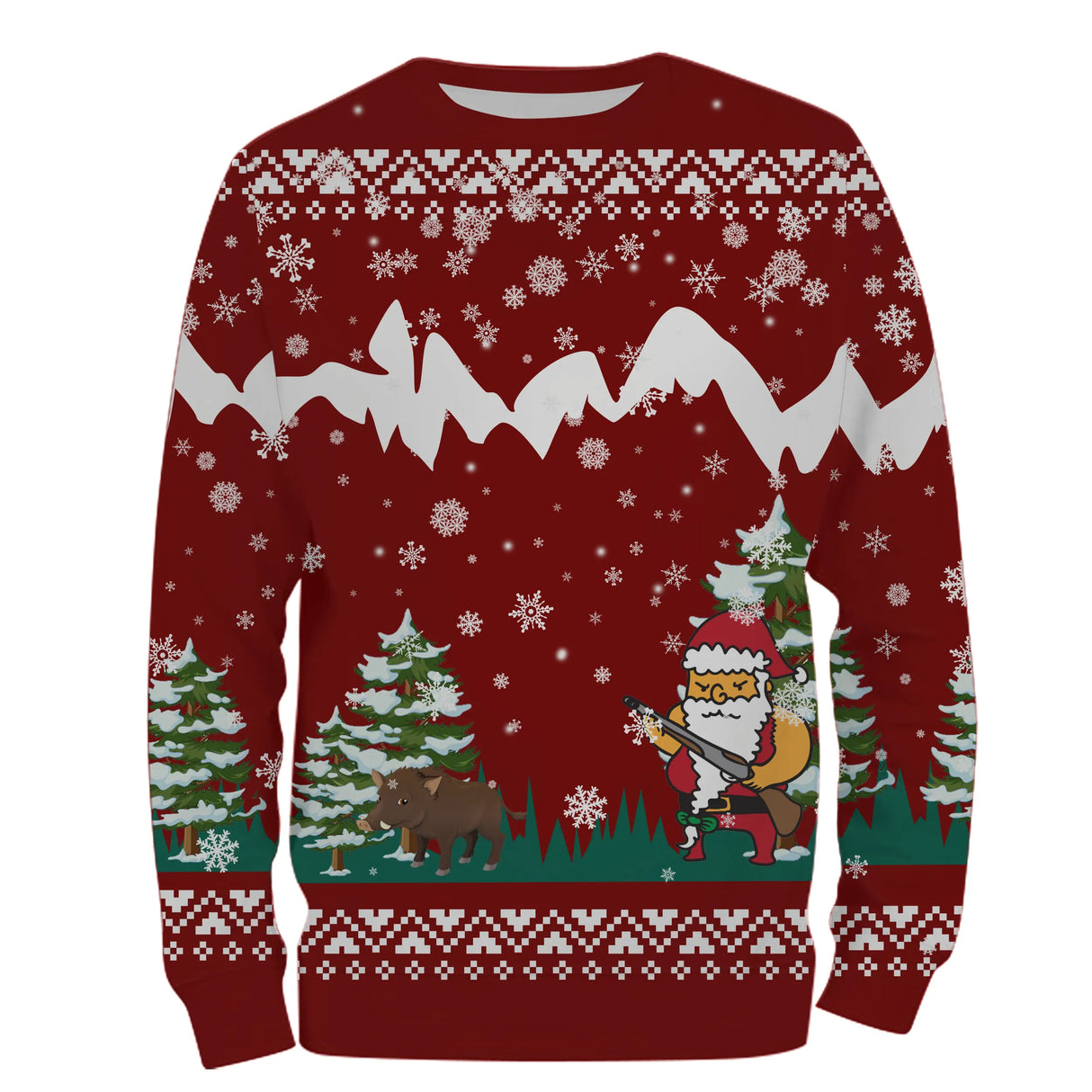 Sweat à capuche Noël scène Père Noël et sanglier en montagne, design ugly christmas sweater chasseur