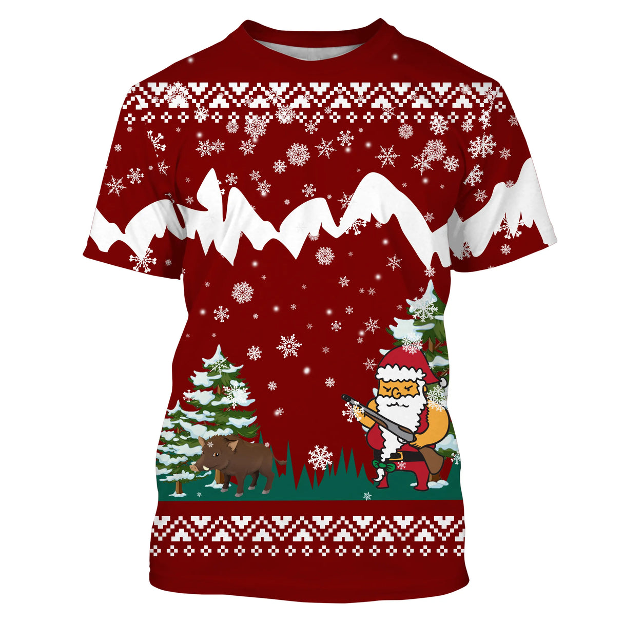 Pull Noël rouge bordeaux avec Père Noël poursuivant un sanglier en montagne enneigée, sapins et flocons jacquard
