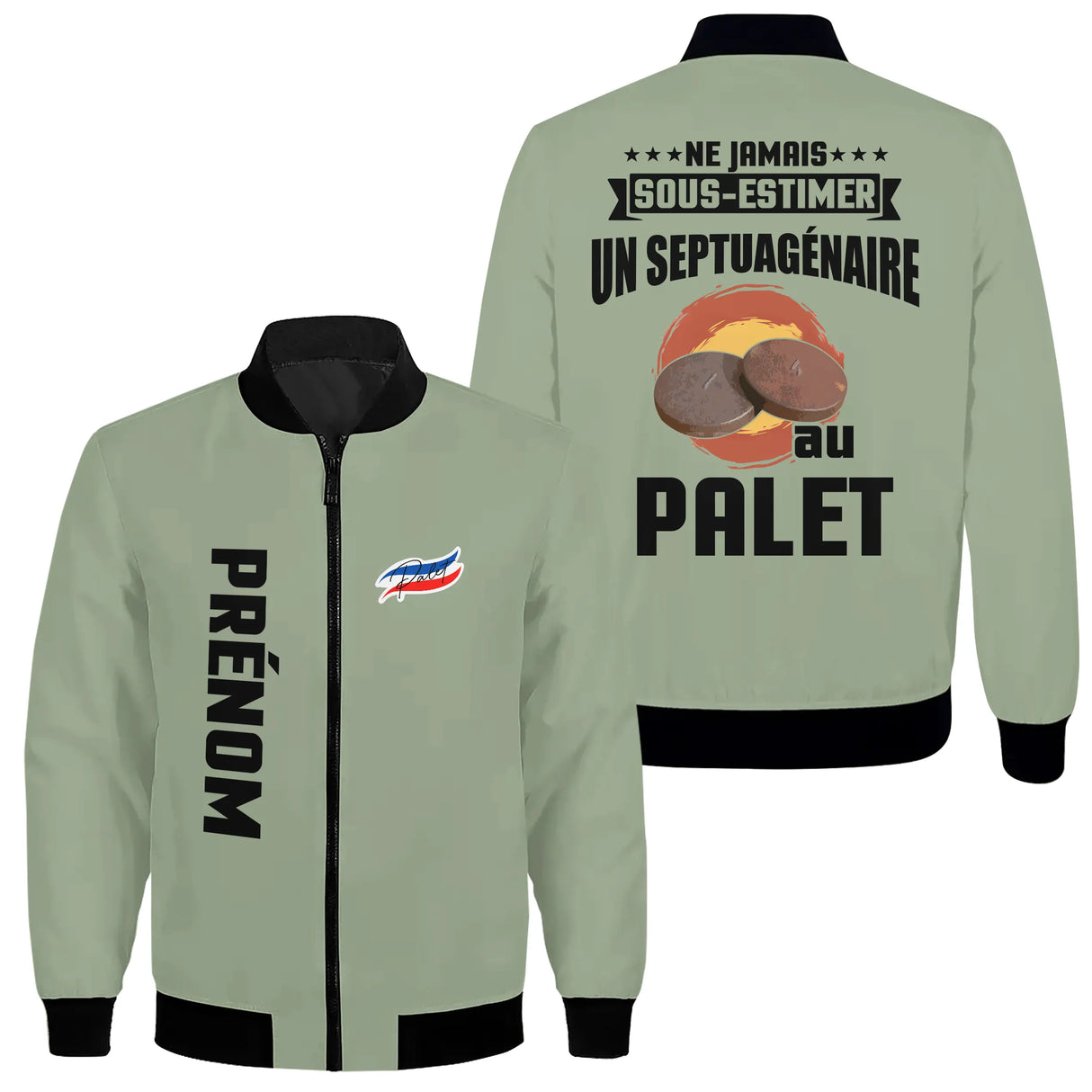 Veste palet bomber bleu marine vue dos design palets soleil orange humour septuagénaire bouliste