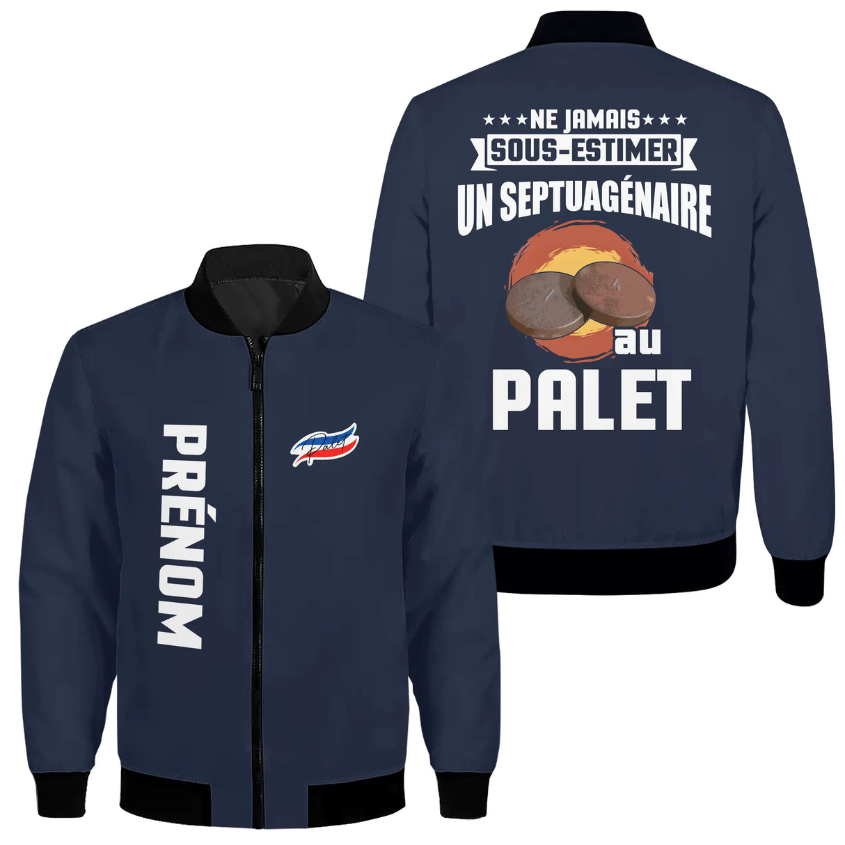 Veste palet bomber bleu marine septuagénaire message ne sous-estimer illustration palets soleil orange tricolore