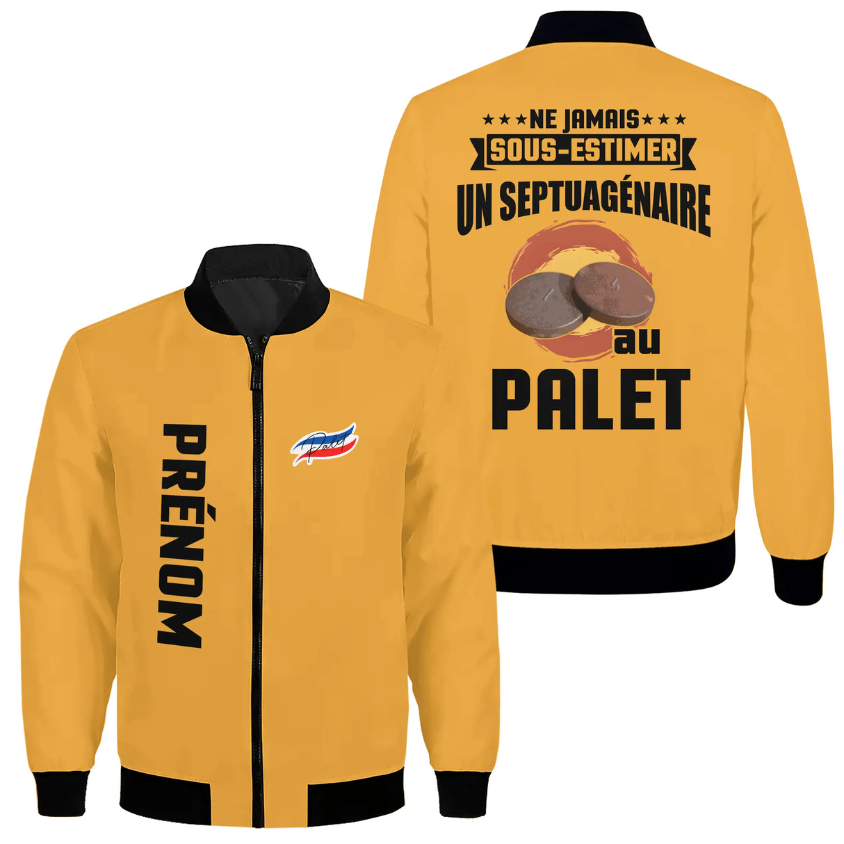Veste palet bomber bleu marine variante coloris design palets humour senior personnalisable