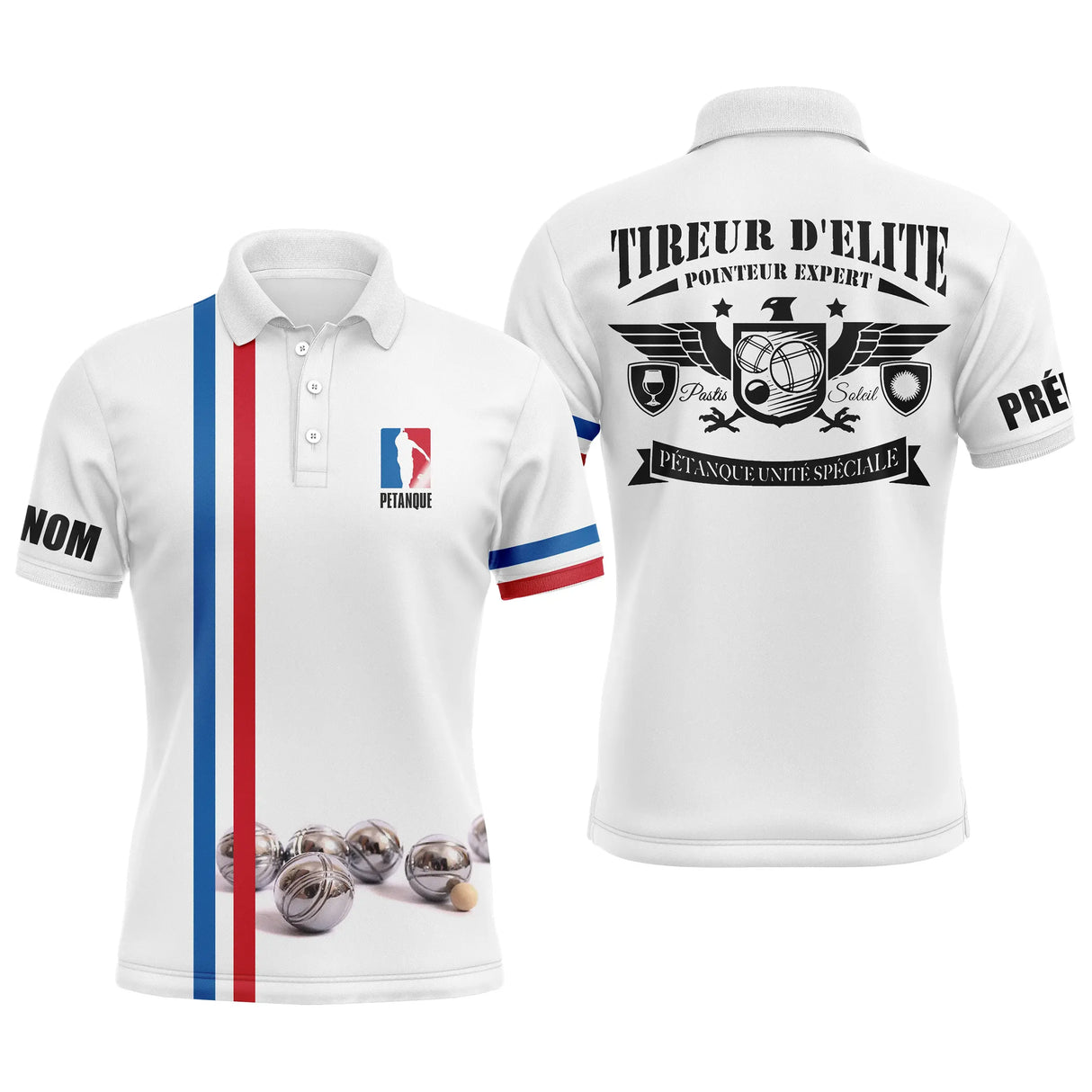 Polo pétanque blanc tricolore rayures bleu blanc rouge message tireur d'élite pointeur expert PRÉNOM personnalisé