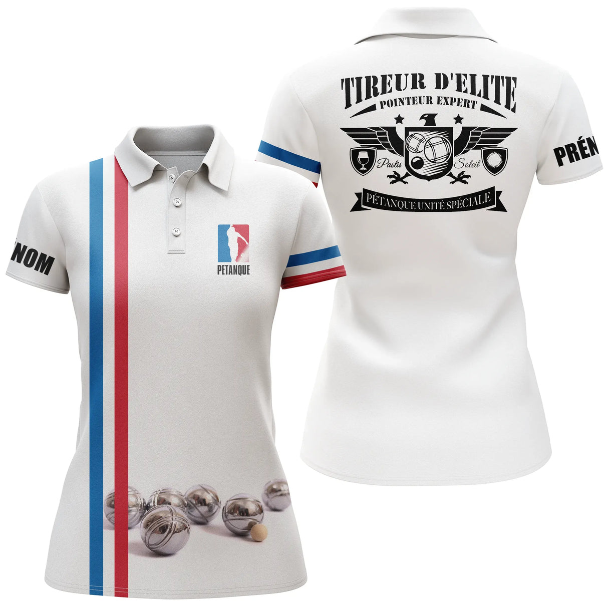 Polo pétanque blanc tricolore vue dos message tireur élite pointeur expert illustrations boules