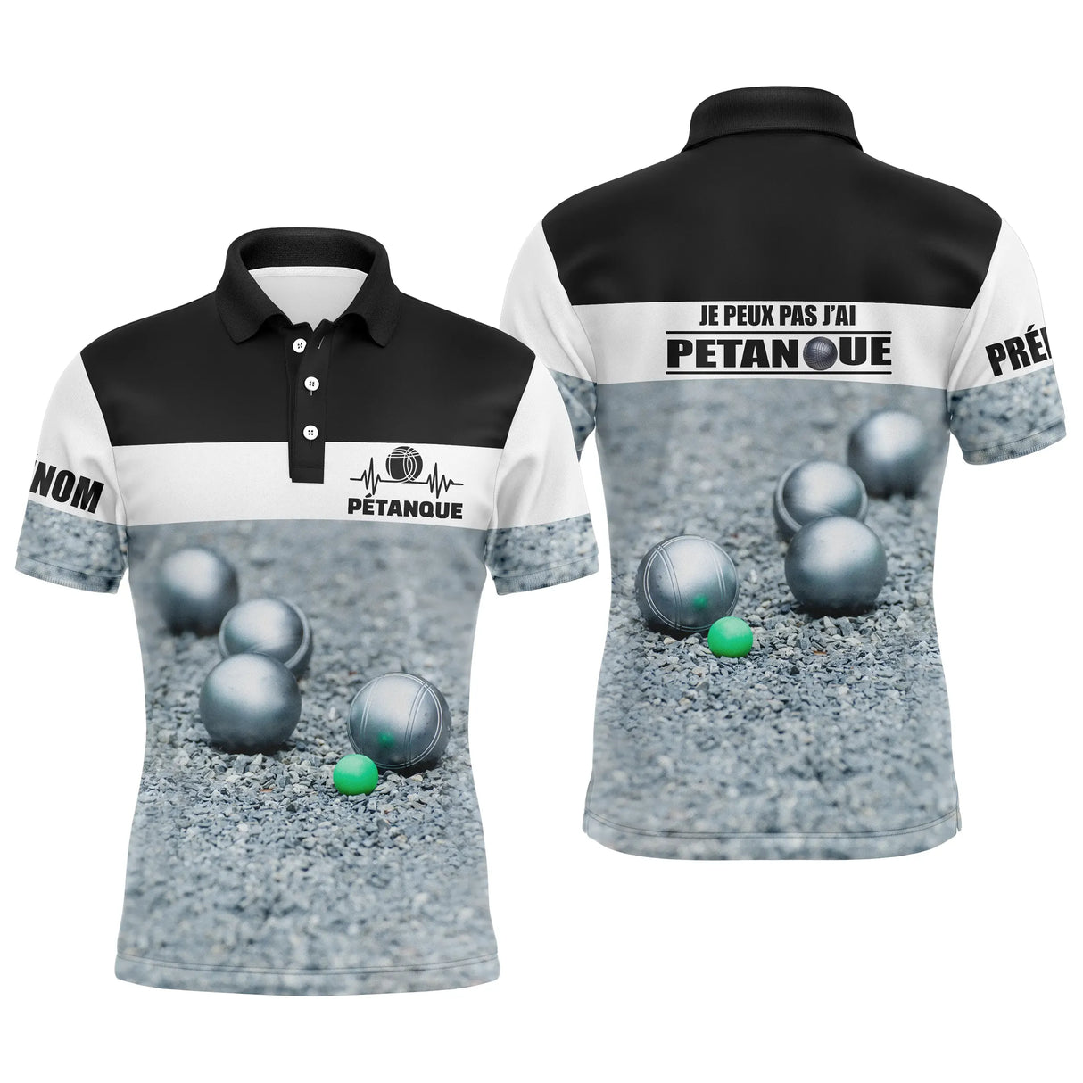 Polo pétanque noir et blanc photo réaliste boules sur sol gris cochonnet vert message je peux pas j'ai pétanque PRÉNOM