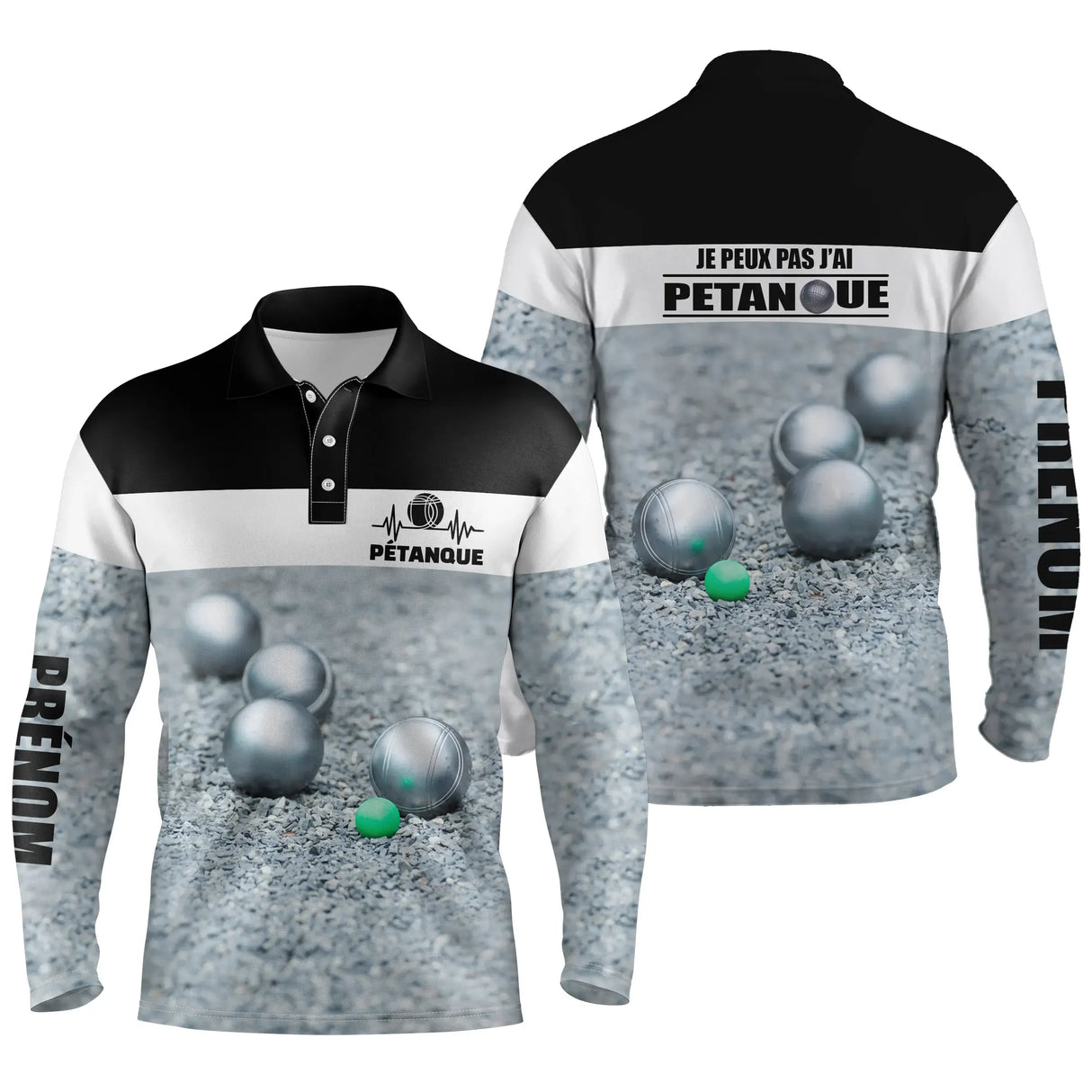 Polo pétanque noir et blanc variante coloris boules réalistes design contrasté personnalisable