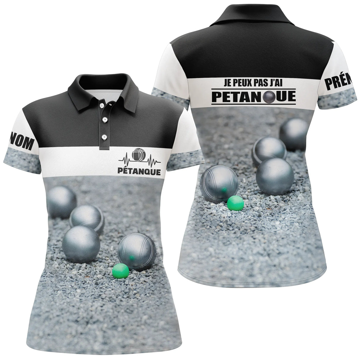 Polo pétanque noir et blanc vue dos message je peux pas j'ai pétanque boules réalistes cochonnet