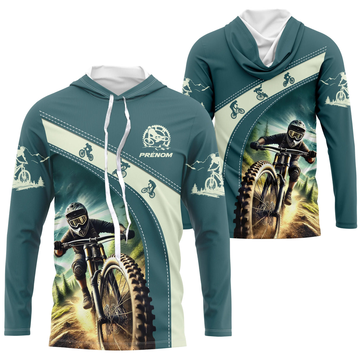 Anti-UV manches longues VTT teal sarcelle design freeride avec rider casque intégral et prénom