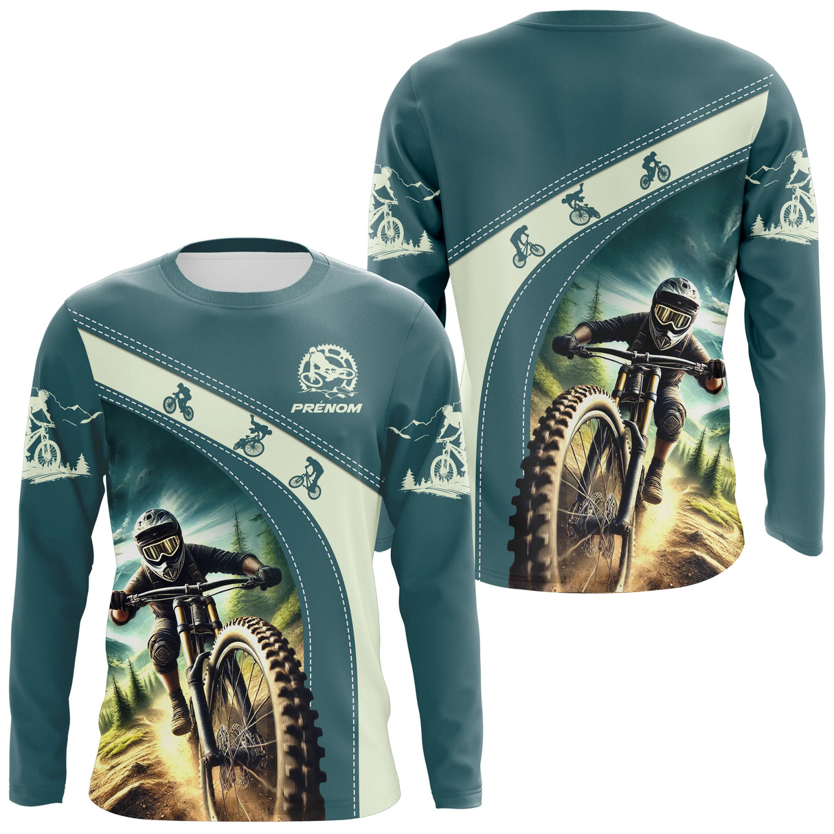 Anti-UV à capuche VTT personnalisé teal sarcelle avec cycliste freeride en descente et prénom