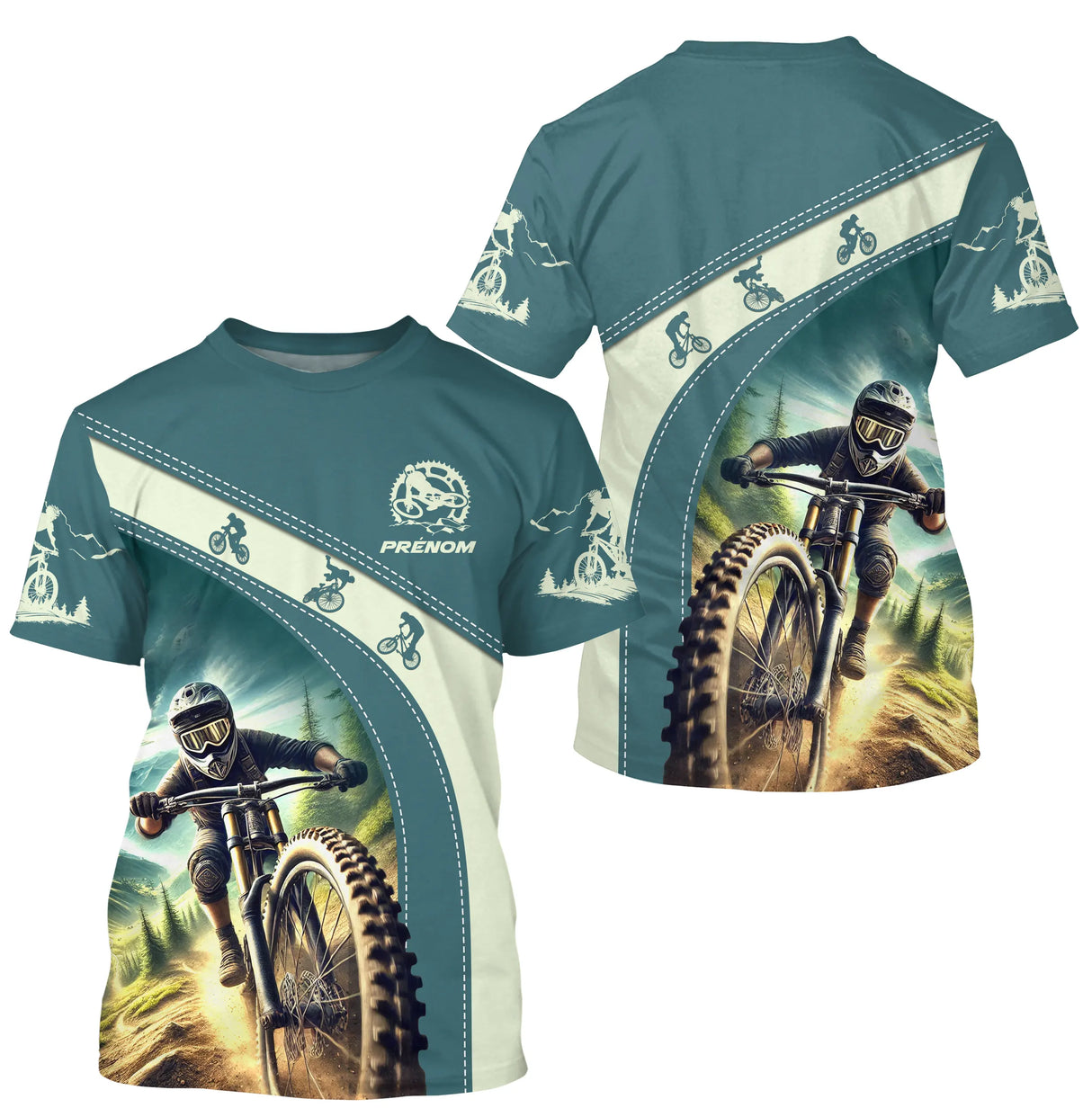 T-shirt VTT cyclisme teal sarcelle design rider en action freeride et nom team au dos