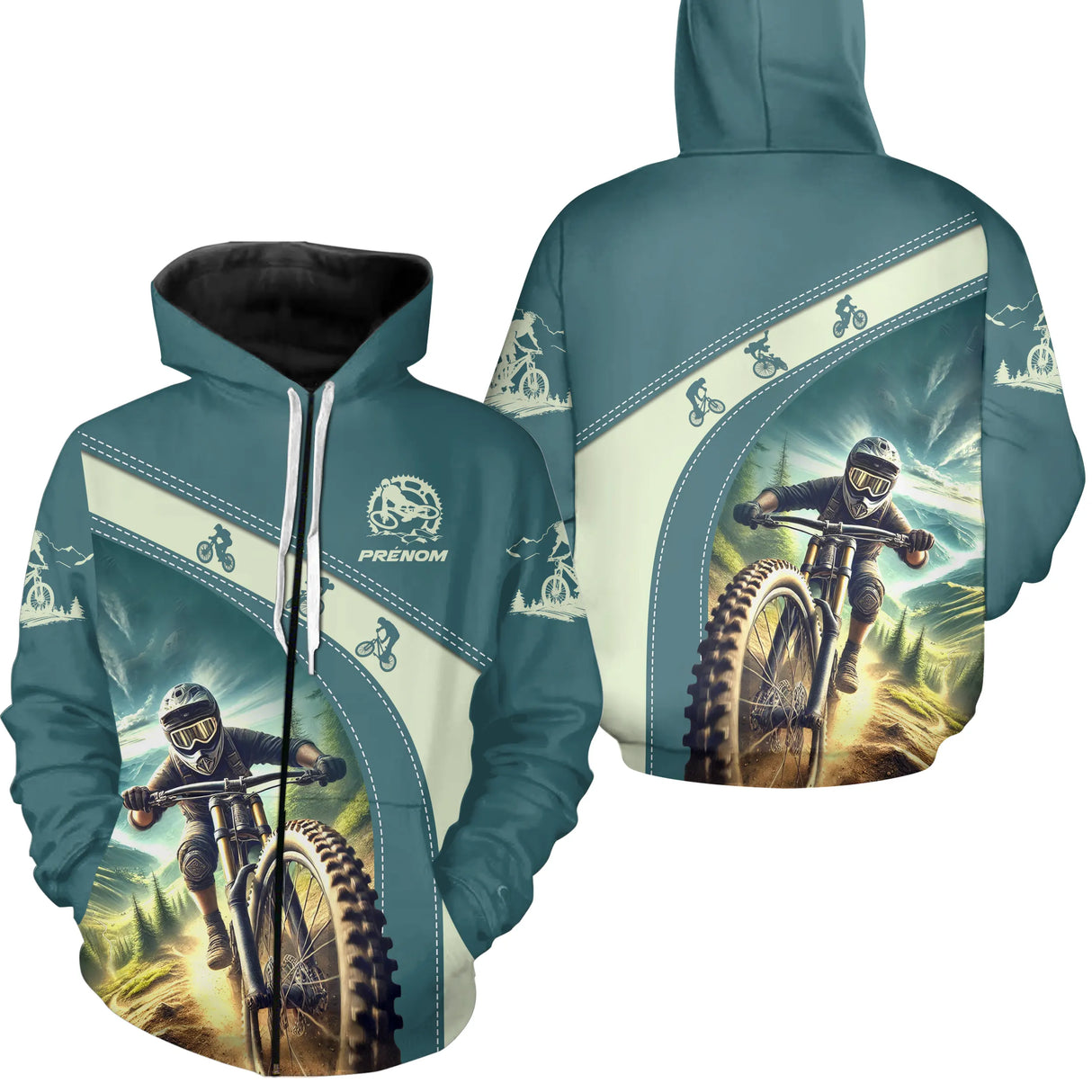 Sweat à capuche zippé VTT teal sarcelle avec cycliste freeride en action et prénom rider