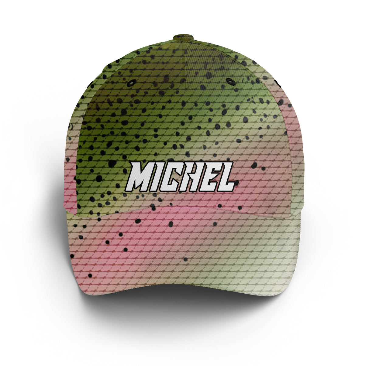 Casquette truite arc-en-ciel peau multicolore prénom broderie pêcheur unisexe personnalisée