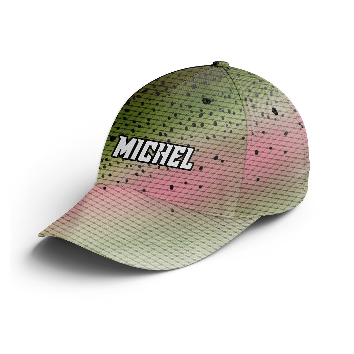 Casquette pêche truite arc-en-ciel peau réaliste vert rose Michel prénom broderie unisexe personnalisée