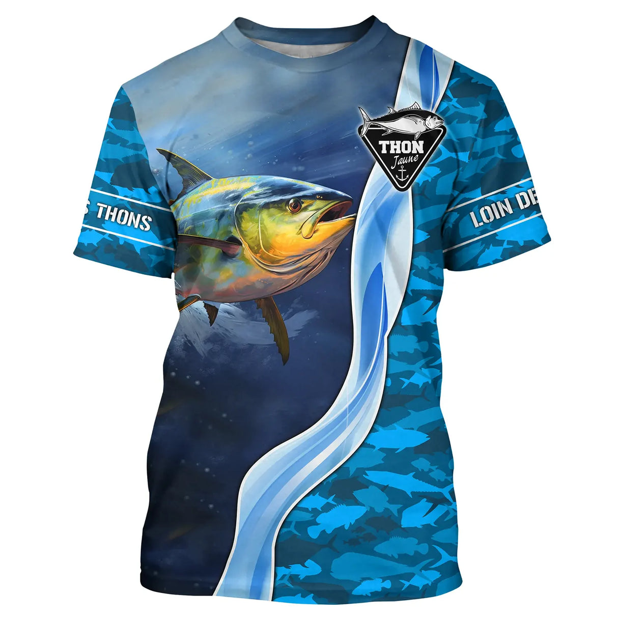 T-shirt pêche thon humour avec slogan Près des thons loin des cons en bandes jaunes sur fond bleu marine motif vagues