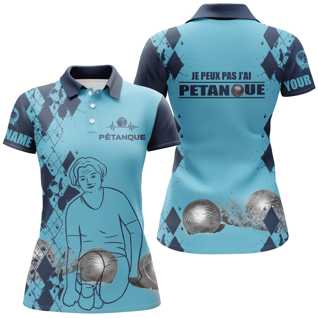 Polo pétanque sable beige manche texte personnalisé sublimation intégrale design damier silhouette
