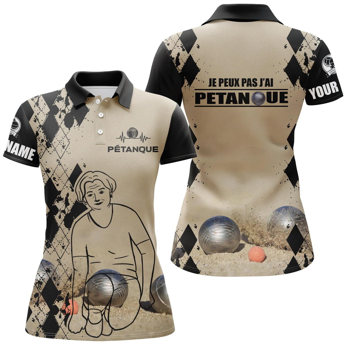 Polo pétanque sable beige vue détail message je peux pas j'ai pétanque sublimation damier élégant