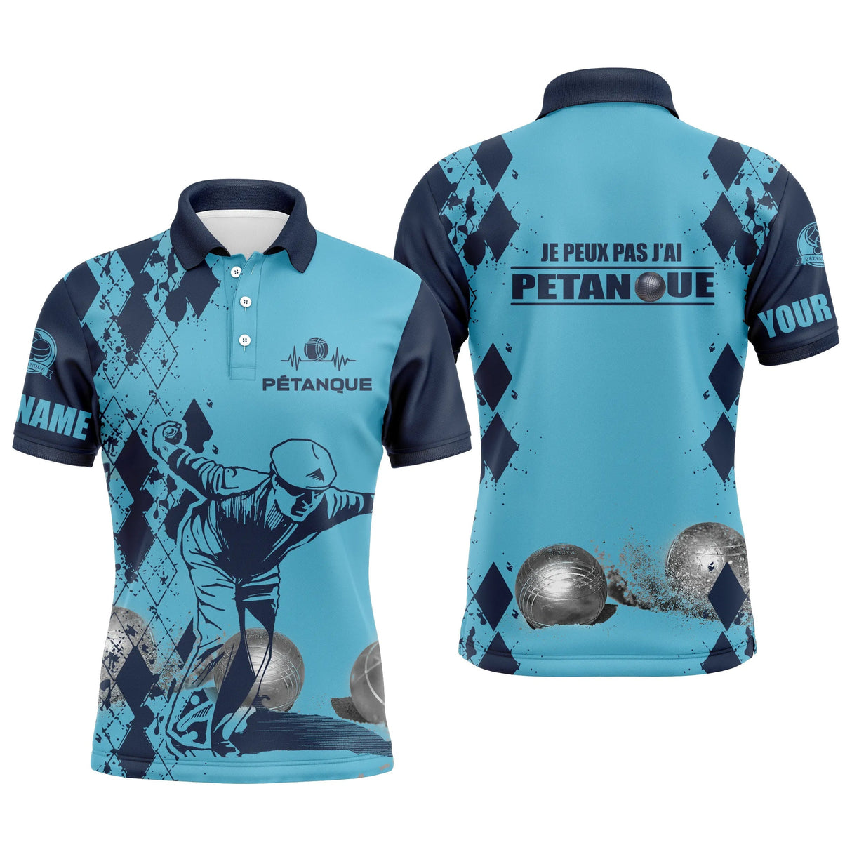 Polo pétanque sable beige vue dos message je peux pas j'ai pétanque silhouette joueur boules damier
