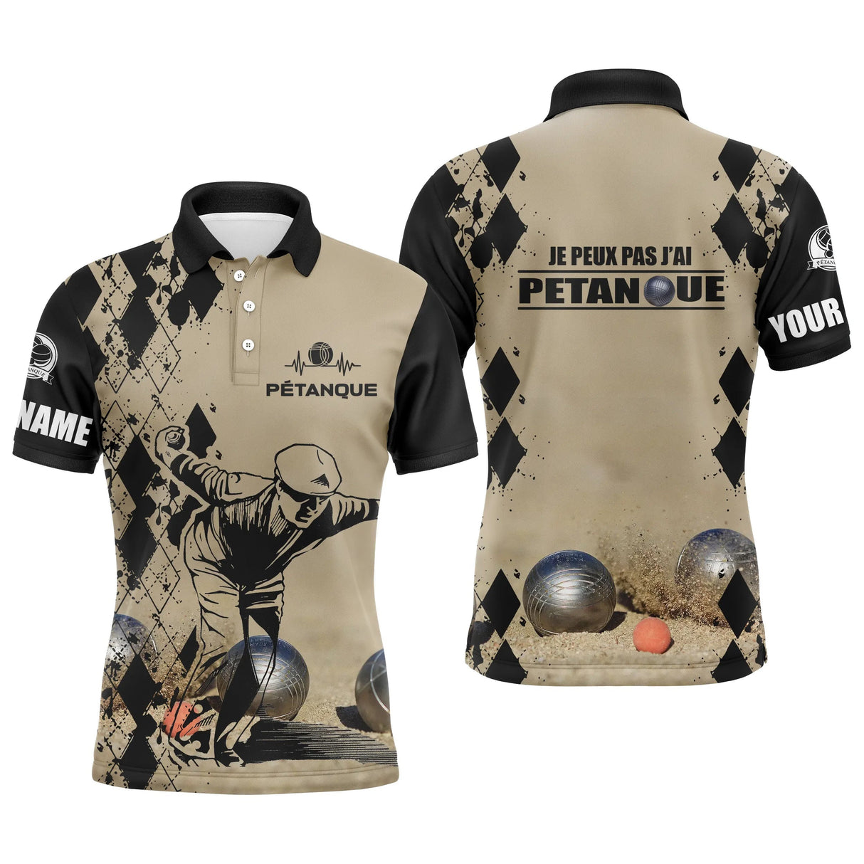 Polo pétanque sable beige damier silhouette joueur lancer boules réalistes message je peux pas j'ai pétanque YOUR NAME