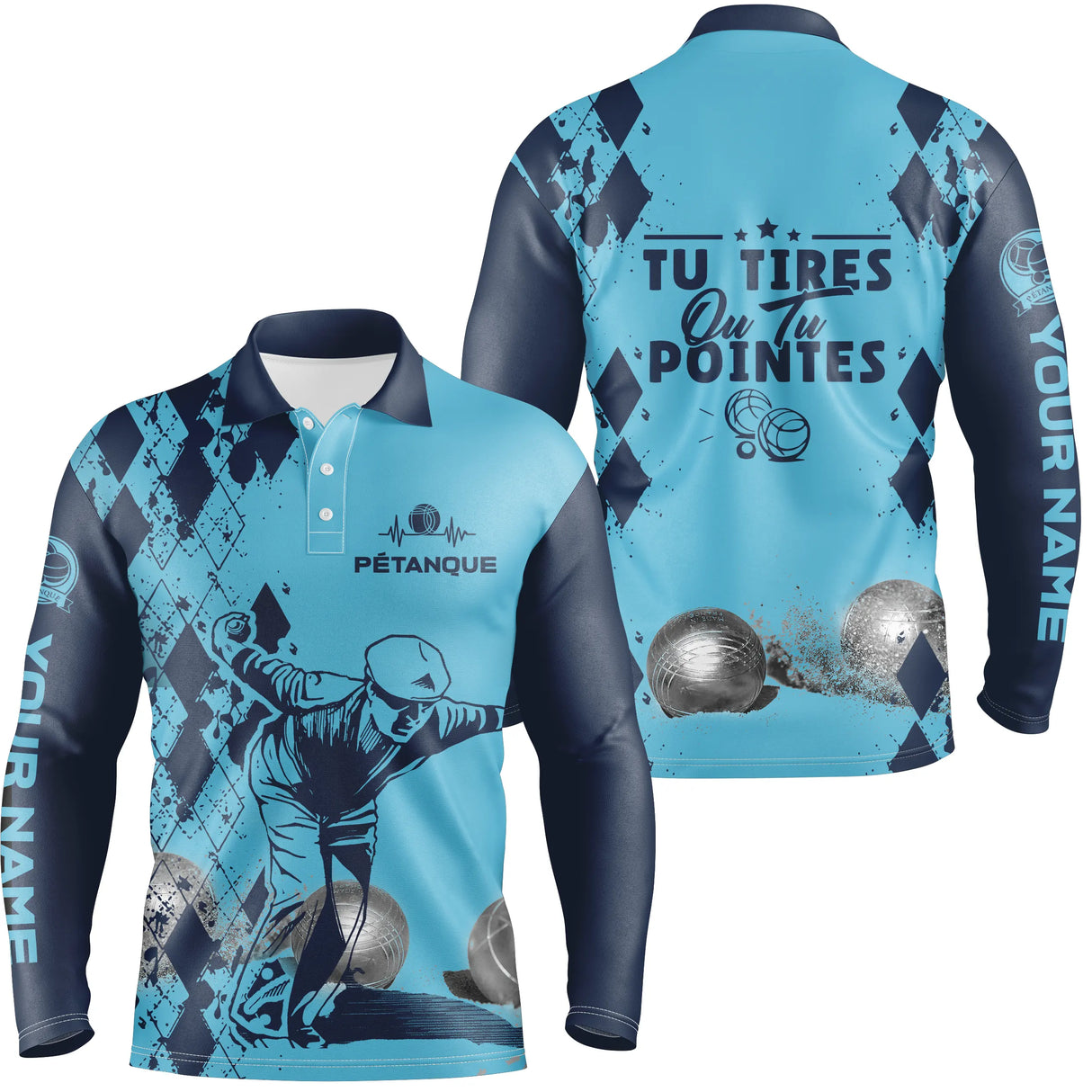 Polo pétanque bleu turquoise détail boules réalistes silhouette joueur lancer damier élégant